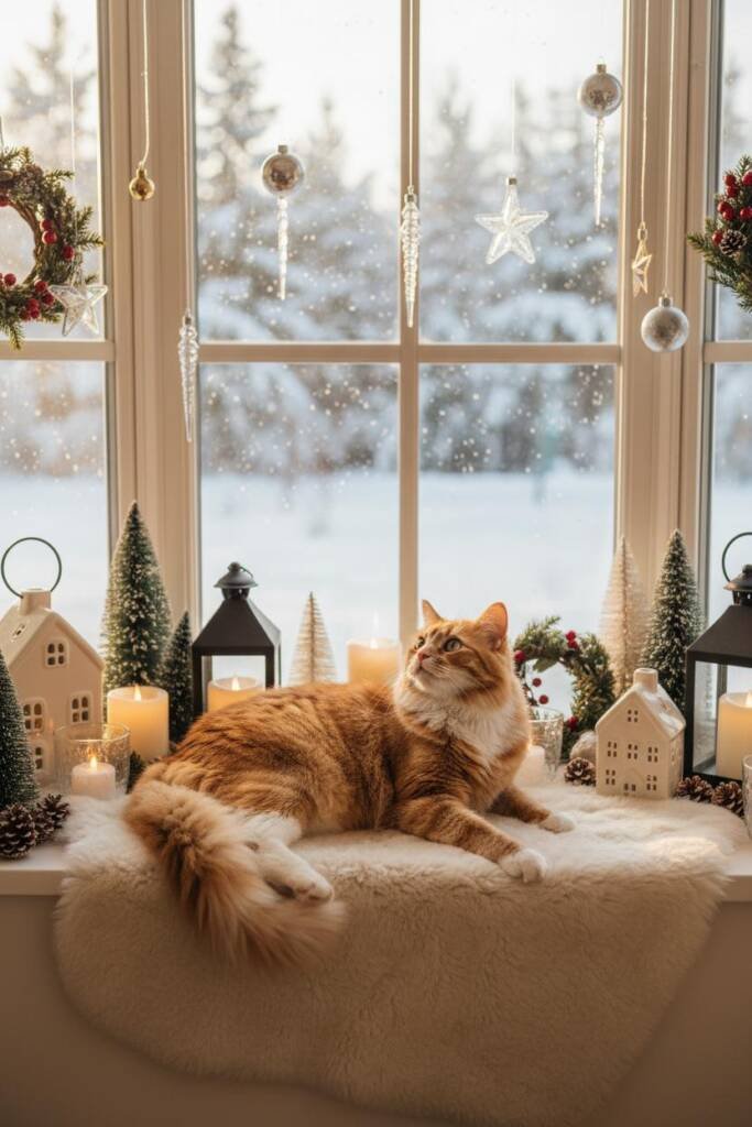 A large bay window transformed into a Christmas showcase with a wide white window sill. Layered display features miniature bo