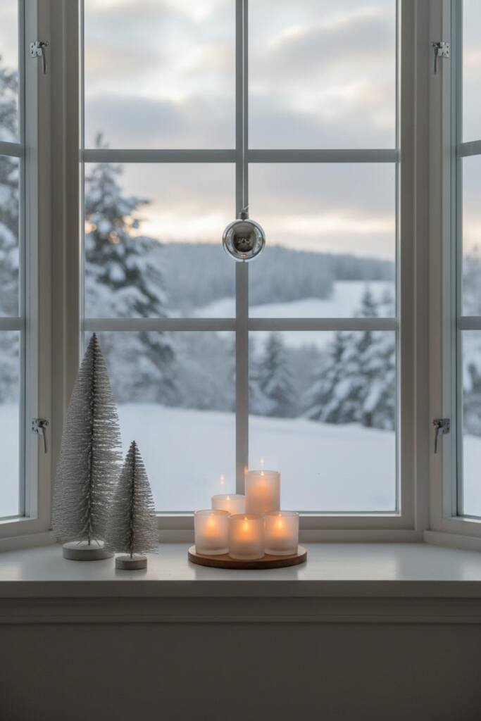 A large bay window transformed into a Christmas showcase with a wide white window sill. Layered display features miniature bo
