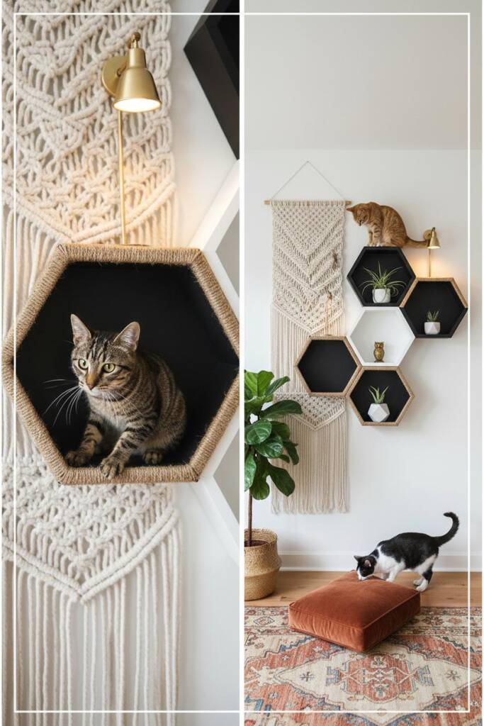 Wide shot of seven hexagonal wall-mounted cat scratcher shelves arranged in a dynamic asymmetric honeycomb climbing up a brig