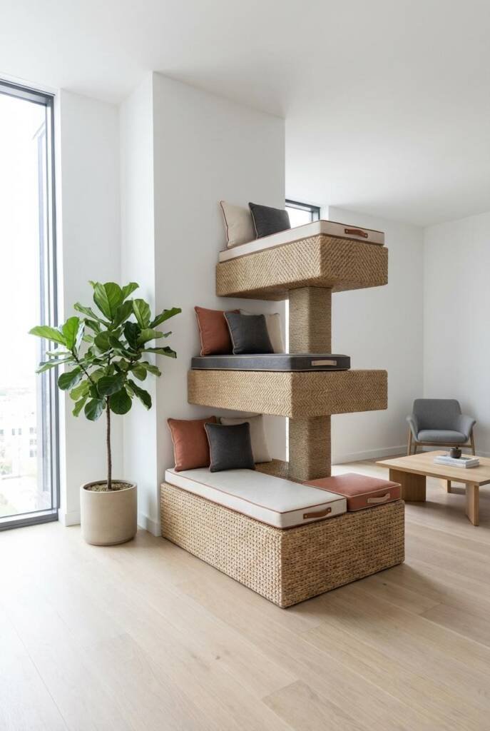 Corner living room with architectural seagrass stepped platform sculpture (54 inches wide, 48 inches tall) - three substantia