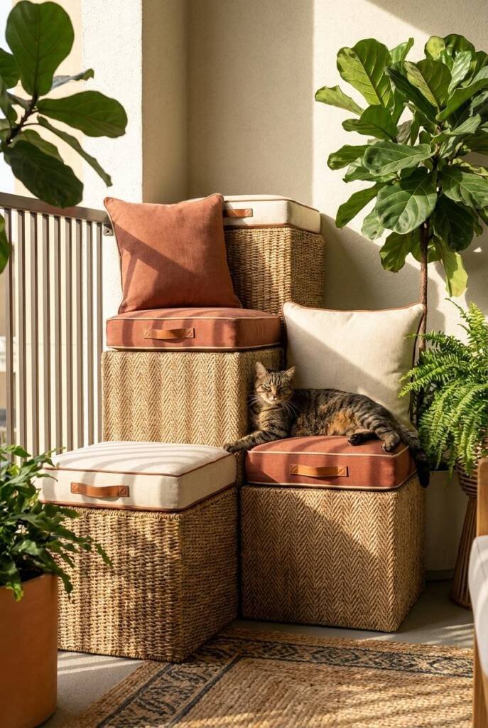 Corner living room with architectural seagrass stepped platform sculpture (54 inches wide, 48 inches tall) - three substantia