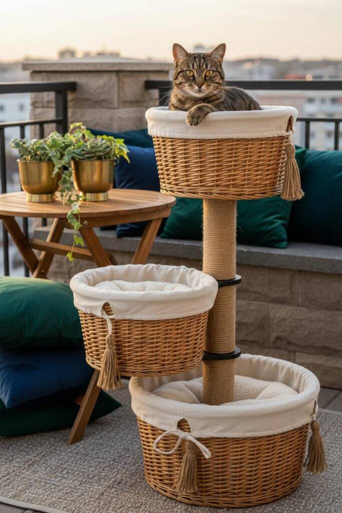 Collage of elegant stacked wicker basket towers with graduated sizes, cream linen liners, wrapped jute center posts, and deco