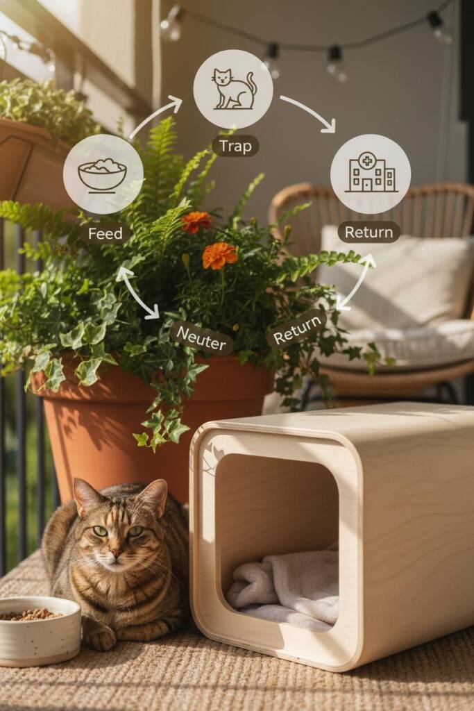 Infographic-style image showing circular flow diagram: feeding bowl → humane trap → veterinary clinic building → released out