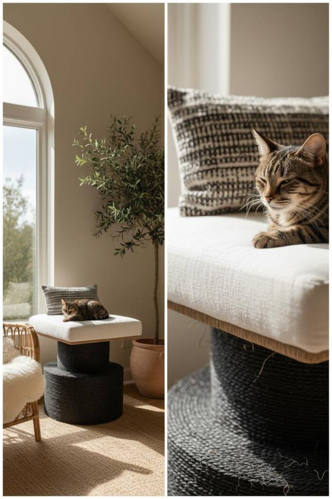 Three-quarter view of an elegant two-tiered cat scratcher platform that feels like sculptural furniture. The lower level is w