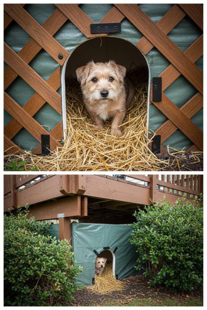 View from ground level showing enclosed corner under wooden deck lattice, foam board walls creating snug enclosure, small ent