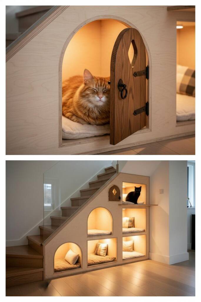 DIY cat treehouse modeled after an interior staircase treehouse annex: decorative arched entry at base of stairs resembling a