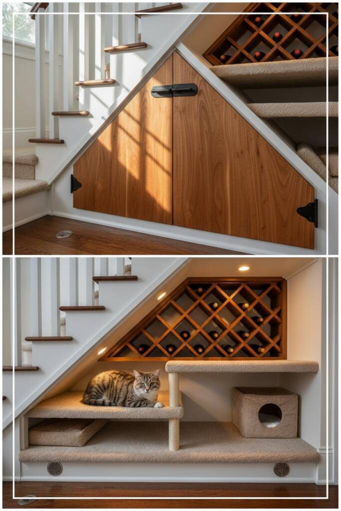 The triangular under-staircase area with custom-fitted door matching home trim and secure magnetic closure, interior showing