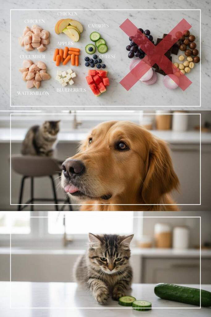 A split-screen composition showing two columns. Left side displays dog-safe foods arranged beautifully: plain cooked chicken