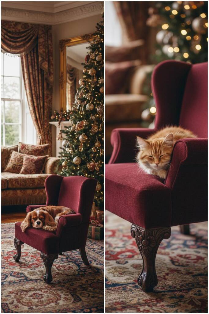 A miniature wingback chair dog bed upholstered in deep burgundy velvet with high back and curved wings, wooden legs with carv
