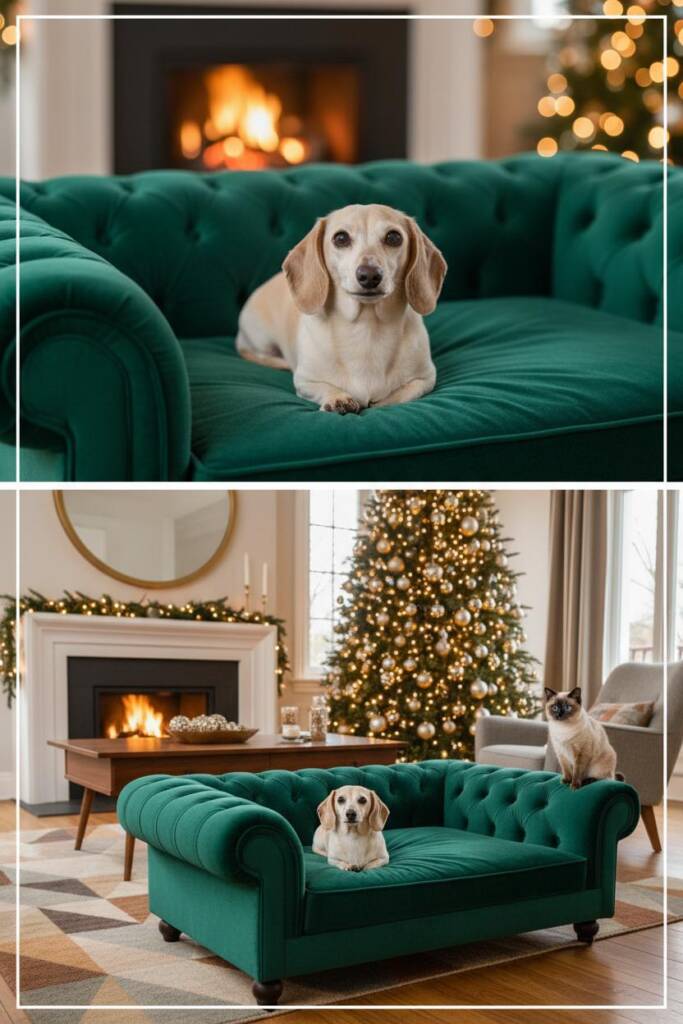 An elegant tufted Chesterfield-style dog bed in rich emerald green velvet with deep button tufting and rolled edges, position