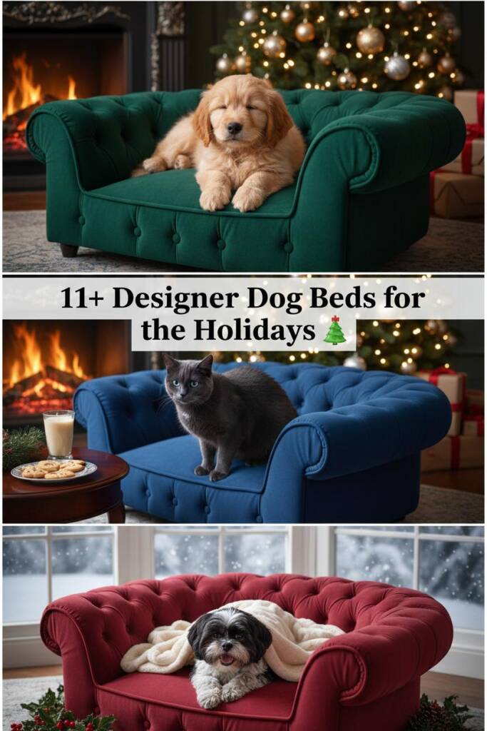 An elegant tufted Chesterfield-style dog bed in rich emerald green velvet with deep button tufting and rolled edges, position