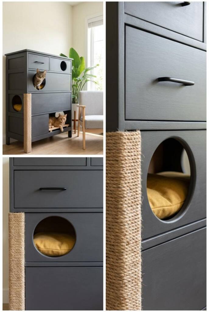 A tall five-drawer dresser painted in charcoal gray with circular entry holes cut on alternating sides. A tabby cat peeks out