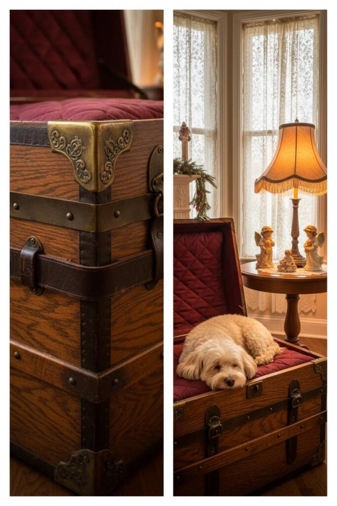 An antique-style wooden trunk with brass corner details and leather straps, lid propped open revealing a plush burgundy cushi