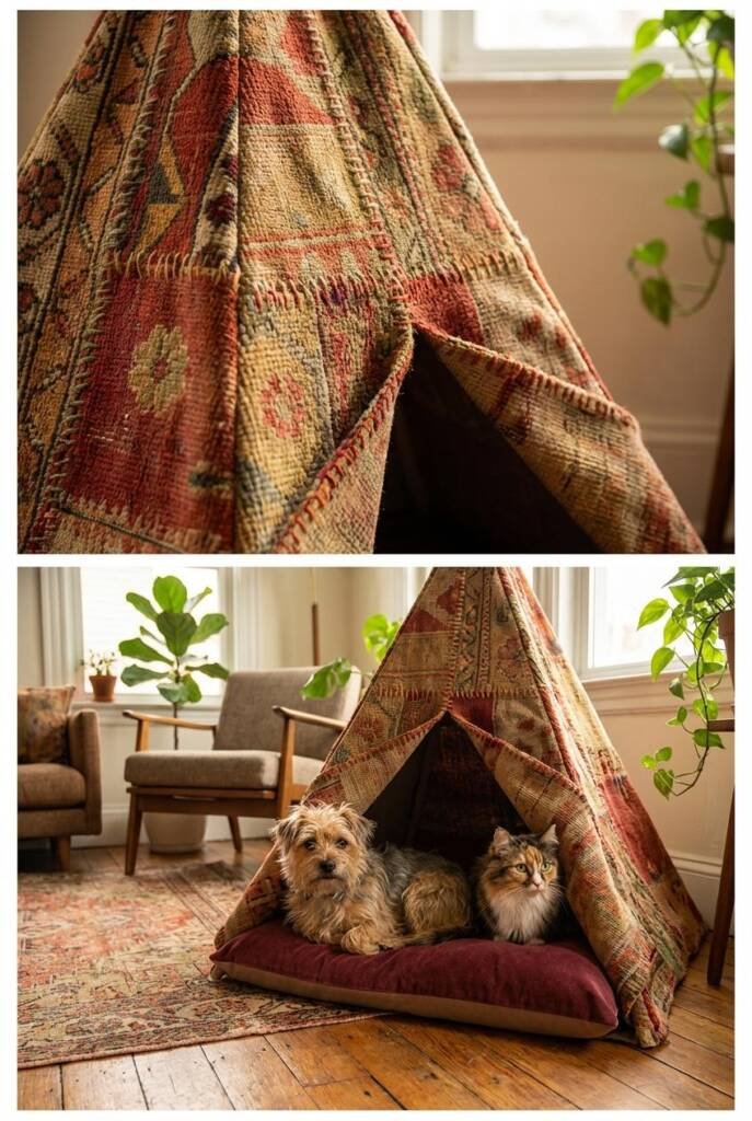 Unique patchwork teepee constructed from various vintage kilim remnants and boho fabrics in coordinating warm tones. Each pan