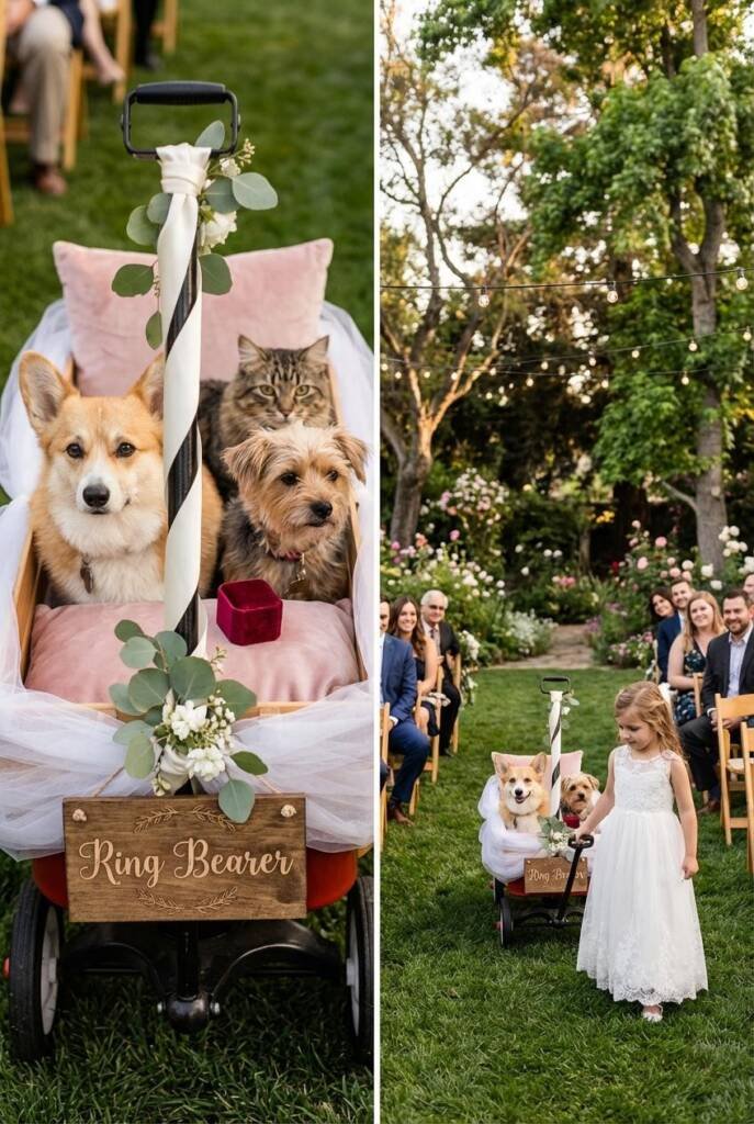 A corgi and a small terrier sitting together in a decorated Radio Flyer wagon lined with white tulle and blush pink cushions,