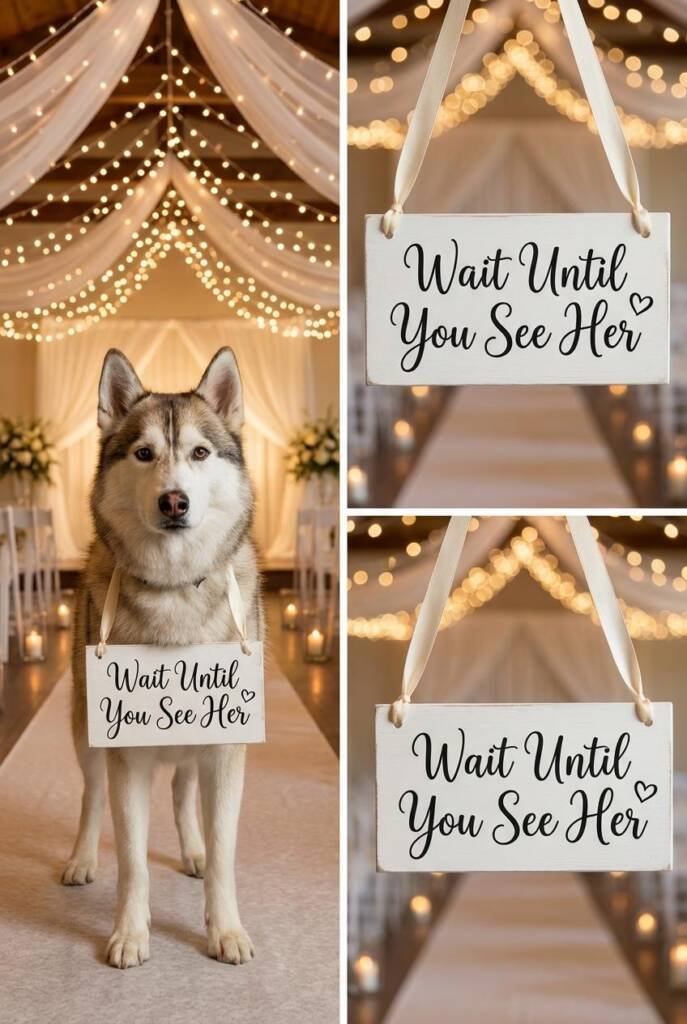 A husky standing on ceremony aisle holding a lightweight wooden sign with handle attached to collar by cream ribbons at two p