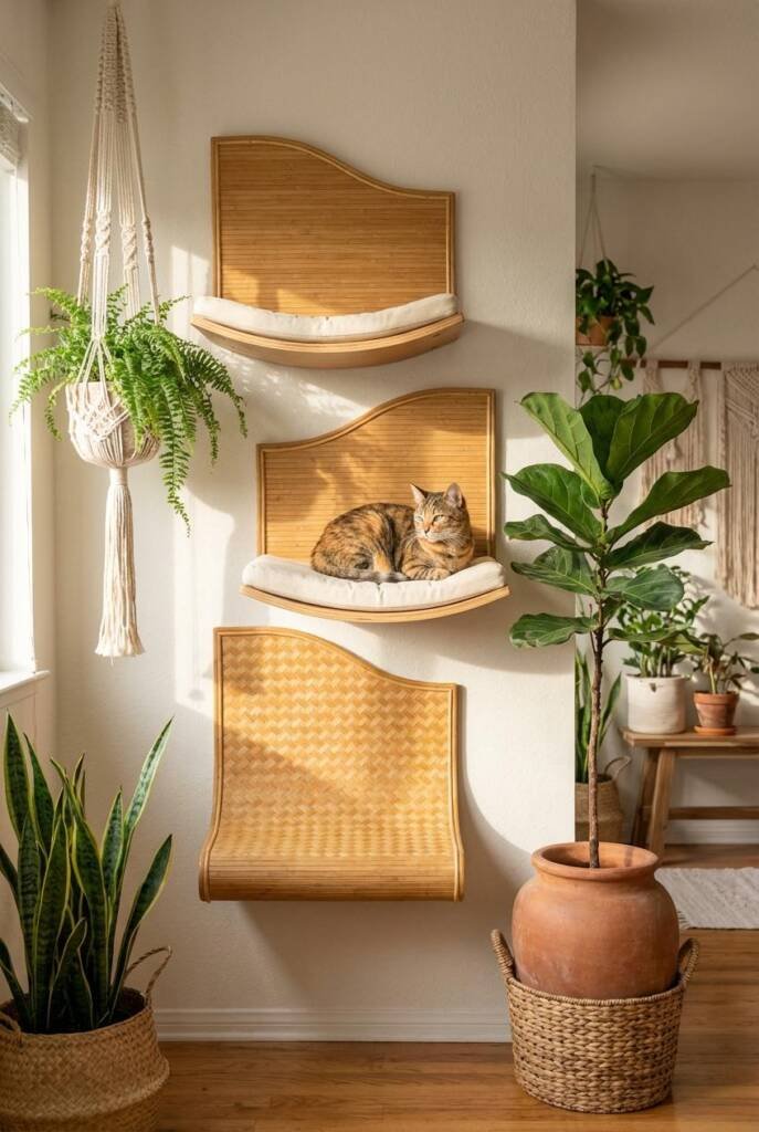 Minimalist boho living room with stunning wall-mounted bamboo scratcher sculpture - three dimensional woven bamboo panels for