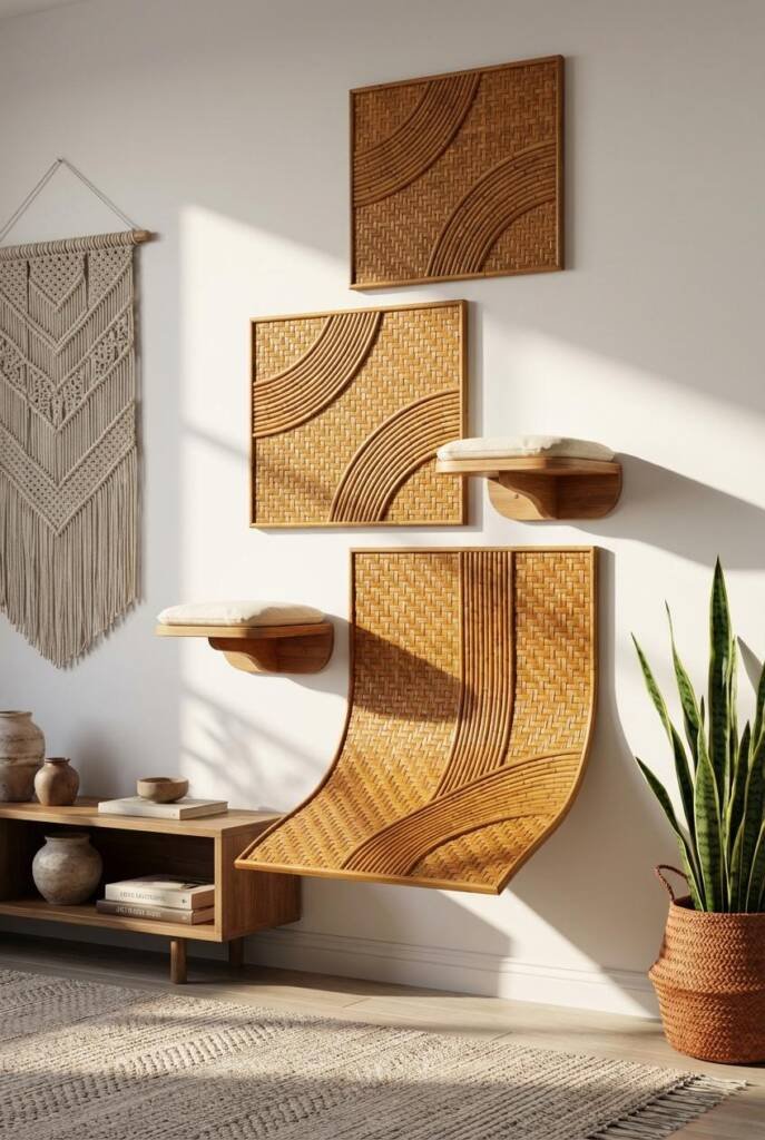 Minimalist boho living room with stunning wall-mounted bamboo scratcher sculpture - three dimensional woven bamboo panels for