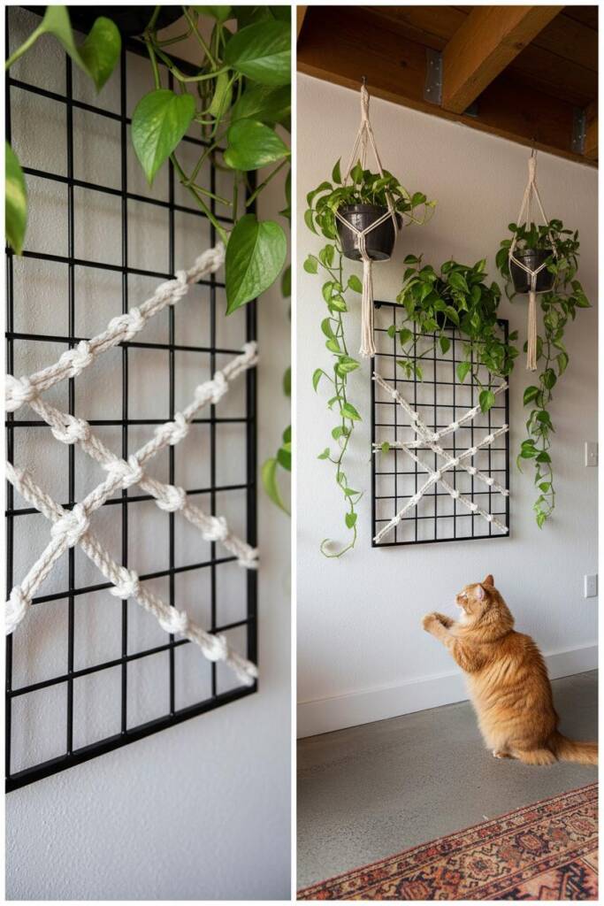 Side-angle photograph of a modern wall-mounted scratcher panel made from matte black industrial metal grid, with thick white