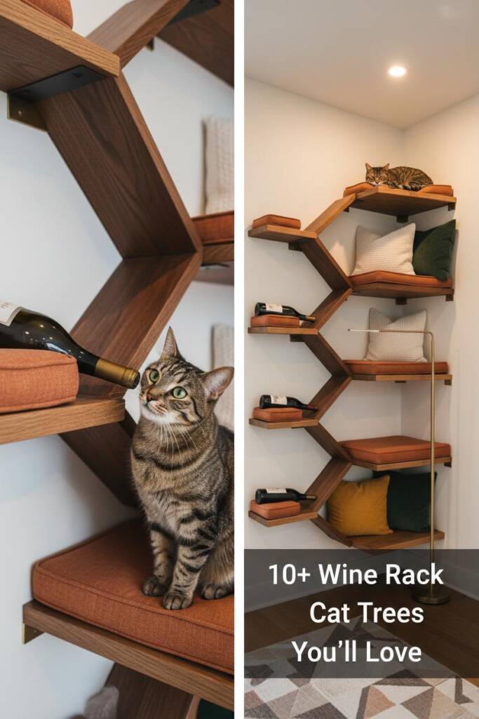 A modern living room wall featuring a geometric arrangement of dark wood wine bottle holders mounted at staggered heights bet
