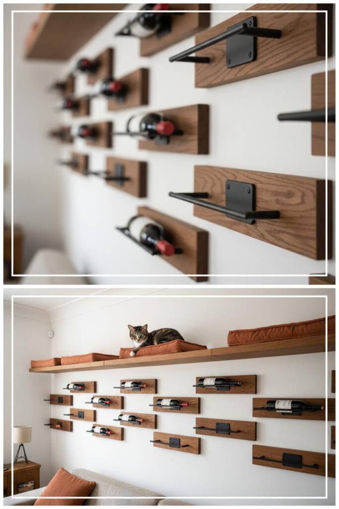 A modern living room wall featuring a geometric arrangement of dark wood wine bottle holders mounted at staggered heights wit