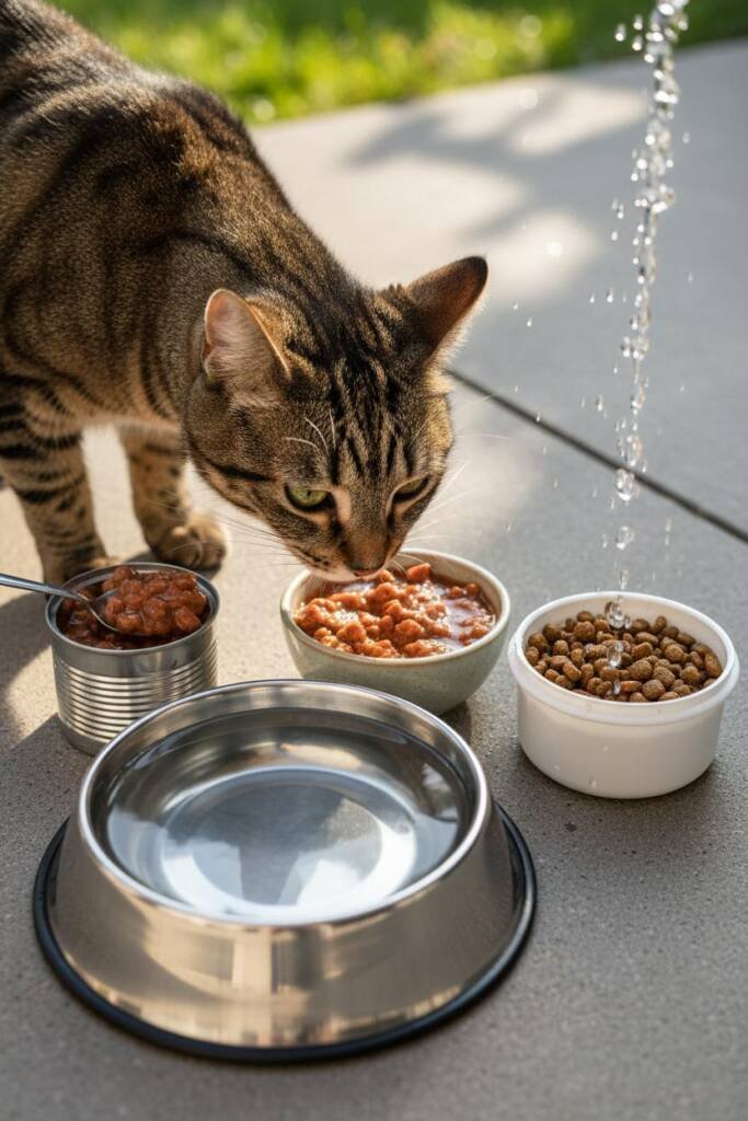Flat lay arrangement on concrete patio showing a can of wet food being spooned into a bowl, a large stainless steel water dis