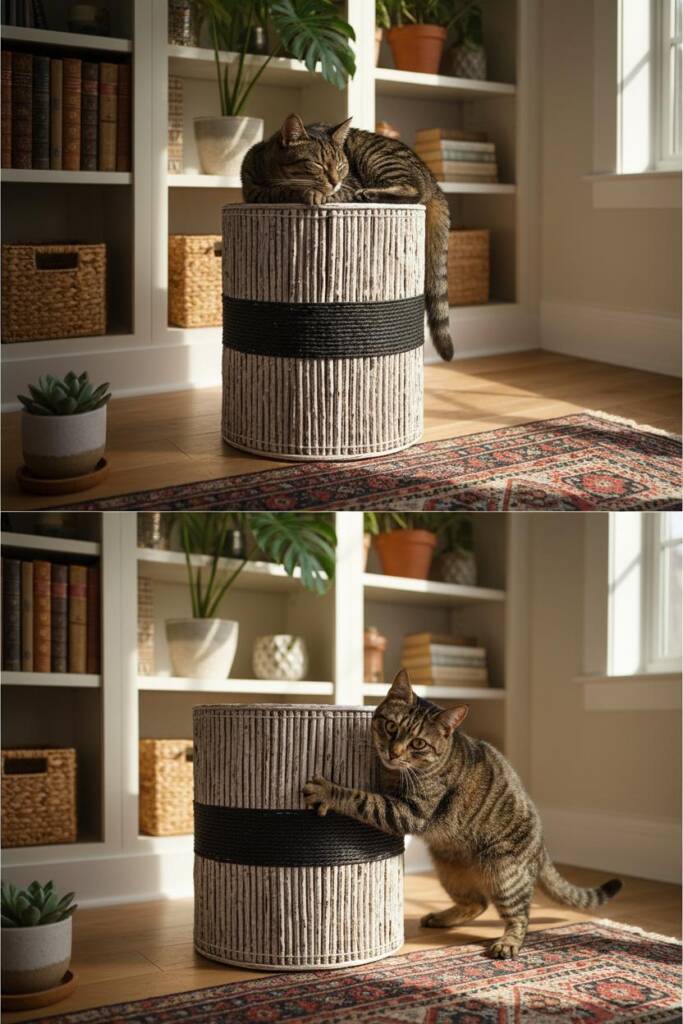 Eye-level shot of a cylindrical rattan cat scratcher in a whitewashed finish with a thick black woven accent band. Its artisa