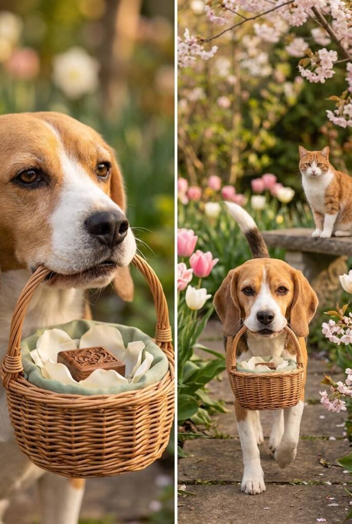 A beagle holding a miniature wicker basket with short handle gently in mouth, the basket lined with sage green fabric and fil
