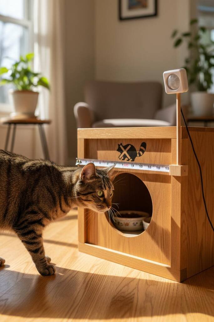 Detailed side-view diagram of a wooden feeding shelter with a small 5-inch circular entrance hole, measuring tape showing dim