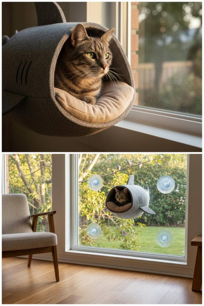 A stunning window-side shot showing a sleek gray tabby perched inside a gray shark-shaped bed mounted securely to a large win