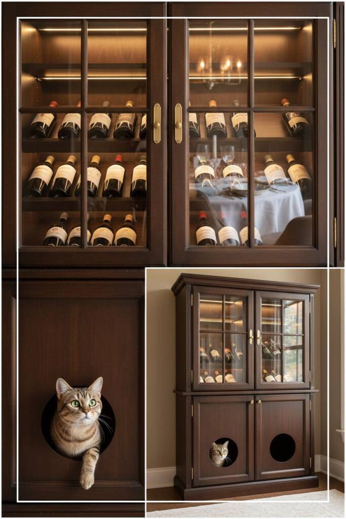 A sophisticated espresso-finished floor cabinet with glass-front upper doors displaying wine bottle collection in the top hal