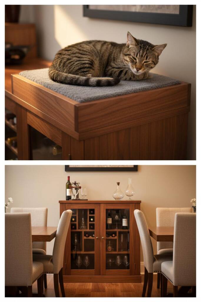 A 60-inch wide low-profile credenza in rich walnut finish standing 32 inches tall with glass-front cabinet doors revealing or