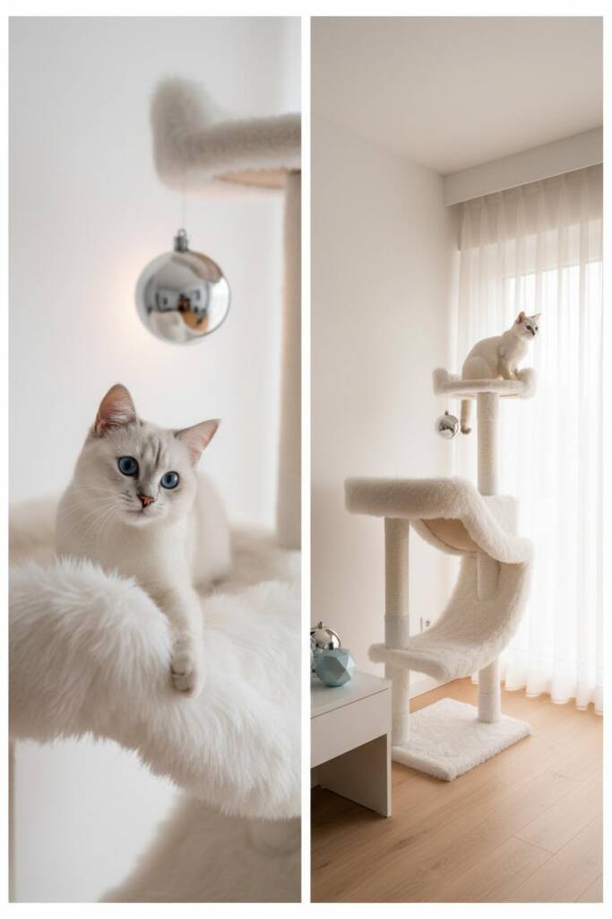 An all-white cat tree covered in luxurious faux fur with multiple curved platforms, set in a bright modern room with white wa