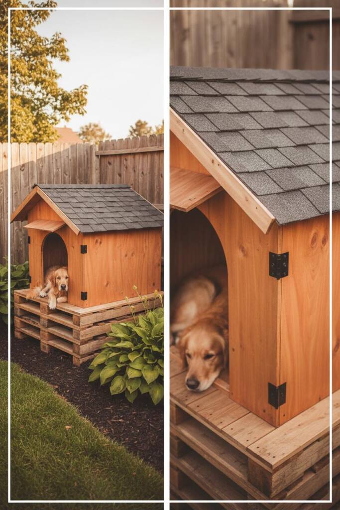 Handsome wooden shelter built on stacked pallets creating 12-inch elevated base, plywood walls stained in warm cedar tone, sl