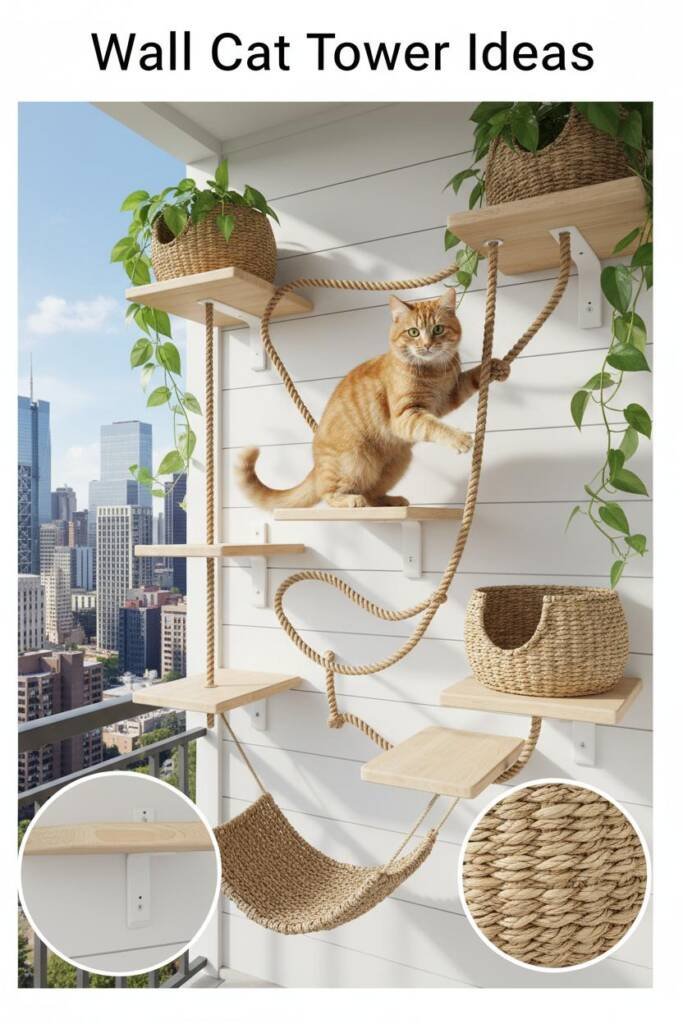 Collage showcasing floating wall-mounted cat furniture with woven seagrass baskets, wooden ledges at varying heights, jute ro