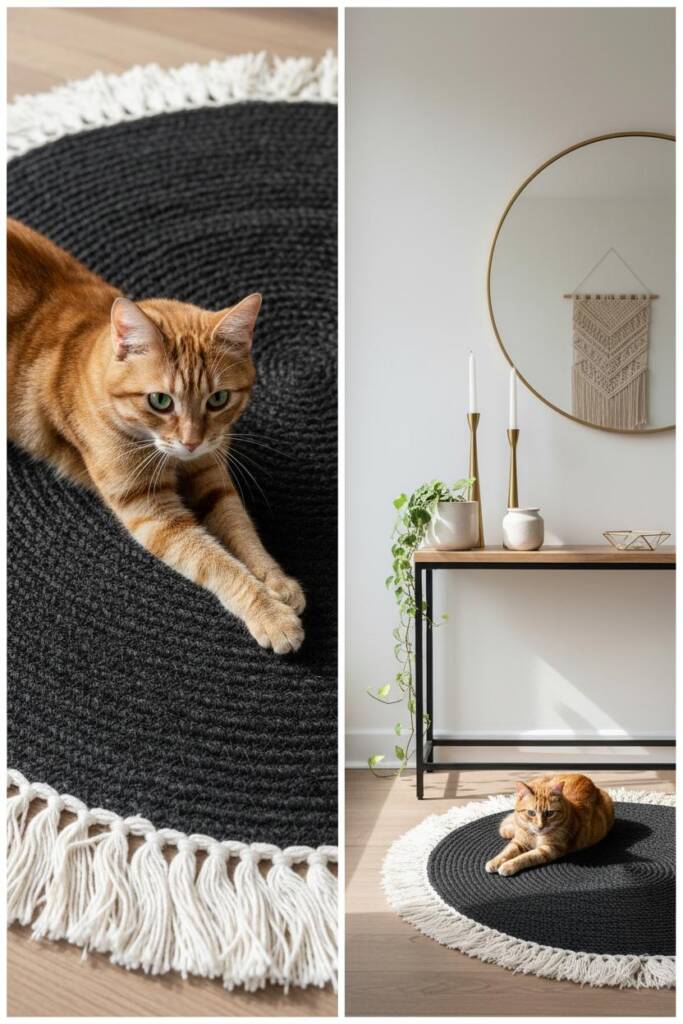 Overhead flat lay of a circular black jute disk scratcher with fluffy white cotton fringe around its edges, placed beneath a