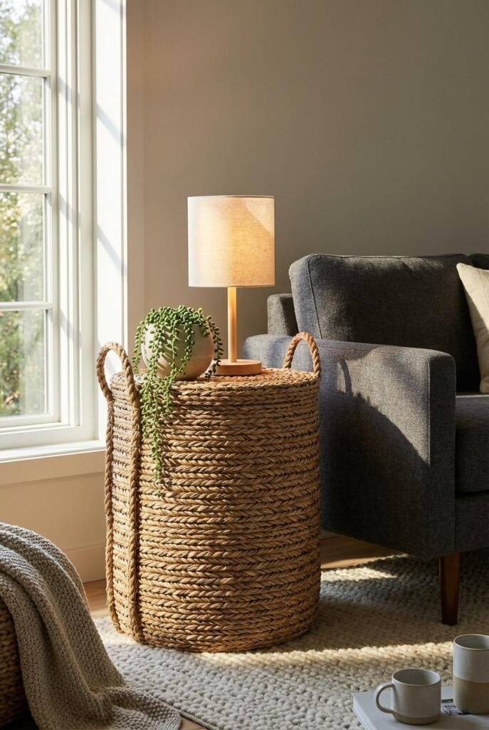 Cozy living room with oversized decorative seagrass basket tower sculpture (32 inches tall, 28 inches diameter) - extra-thick