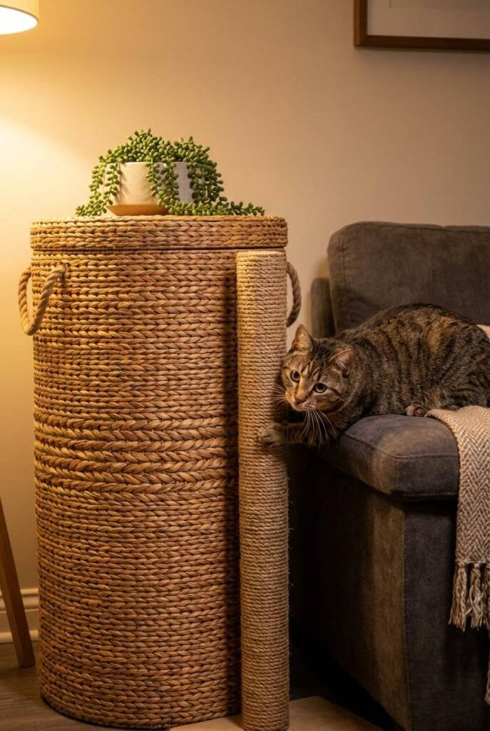 Cozy living room with oversized decorative seagrass basket tower sculpture (32 inches tall, 28 inches diameter) - extra-thick
