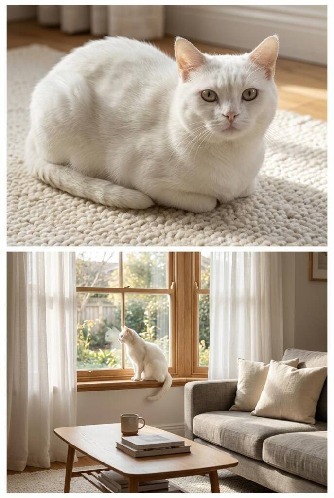 White American Shorthair cat sitting comfortably in a neutral posture, representing adaptable and low-maintenance white cat b