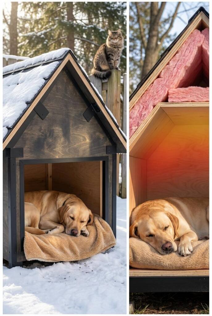 A Labrador Retriever sleeping soundly inside a dog house with a prominent peaked roof and visible attic space. Cutaway side v