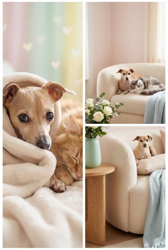 A small dog like a Chihuahua or Italian Greyhound with big, worried eyes wrapped in a soft blanket, peeking out cautiously. T