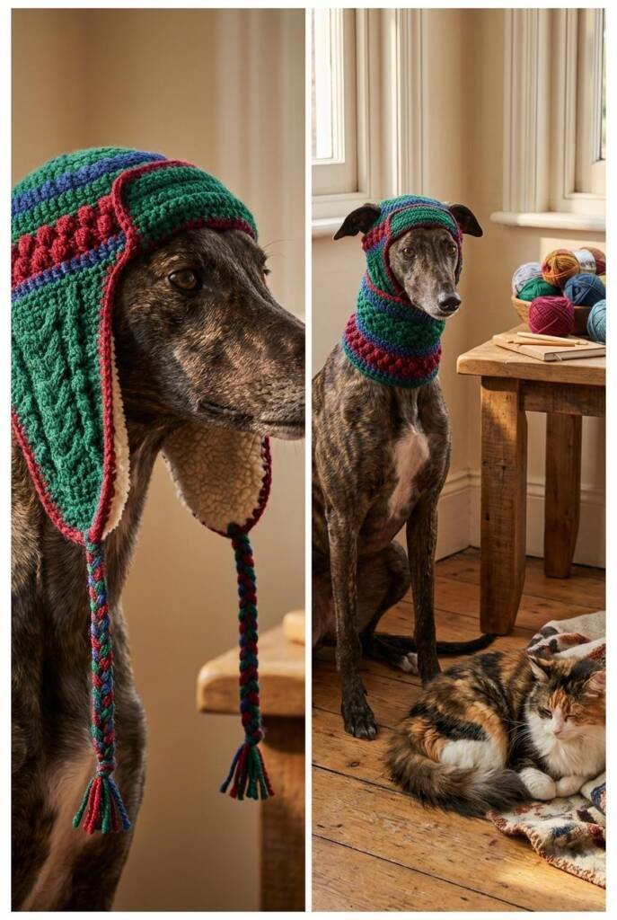 A Greyhound or Whippet (showcasing thin-coated breed) wearing a detailed aviator-style hat with prominent ear flaps crocheted