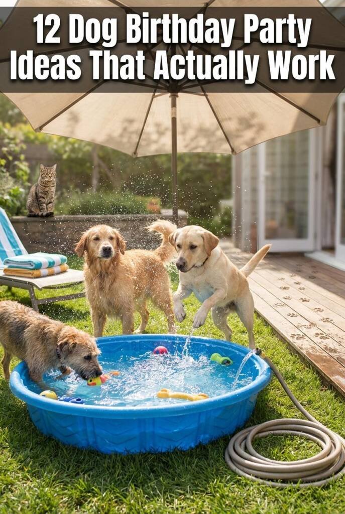 A bright, realistic backyard on a sunny summer day with 2-3 wet dogs (Golden Retriever and Labrador mix) actively playing in