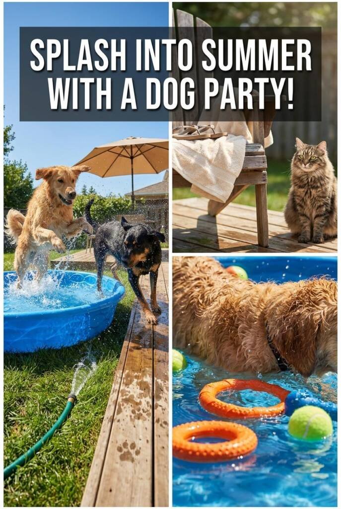 A bright, realistic backyard on a sunny summer day with 2-3 wet dogs (Golden Retriever and Labrador mix) actively playing in