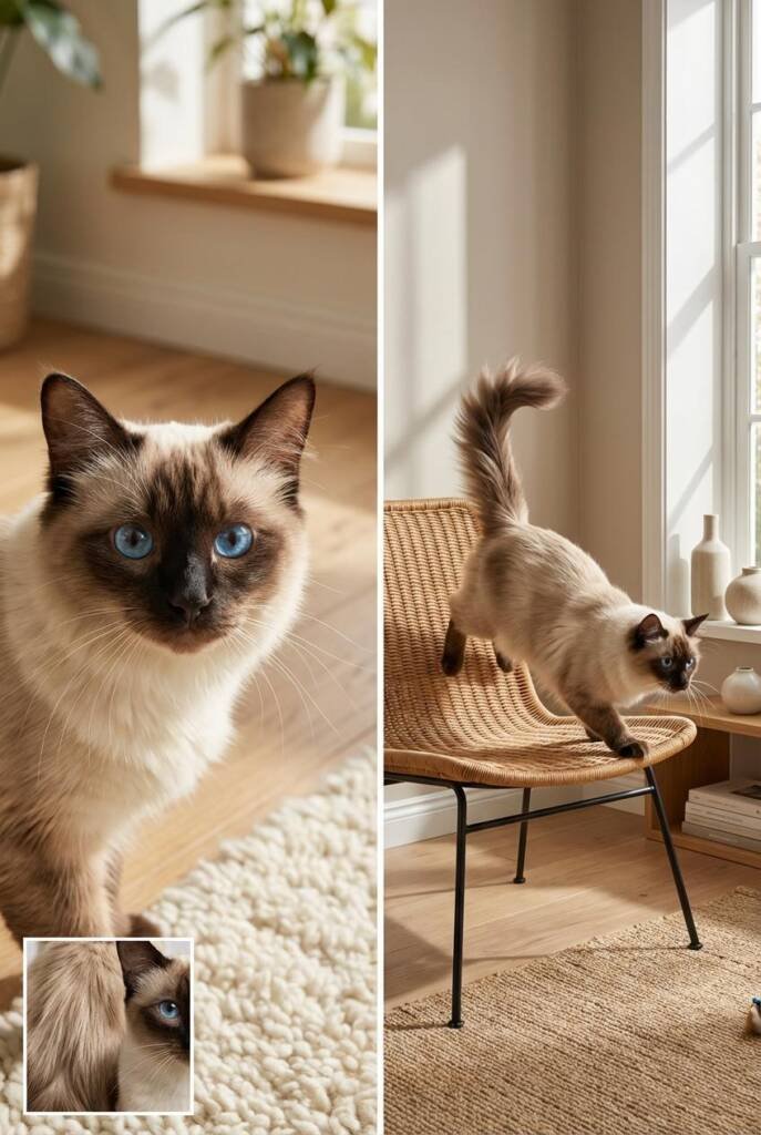 A graceful Balinese cat with pale cream body, darker colorpoints, and medium-long silky coat. The coat flows elegantly showin