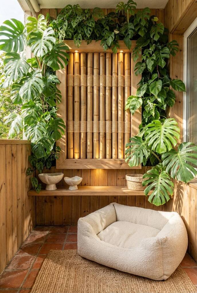 Striking bamboo-and-monstera living wall built for scratching, with vertical bamboo panels arranged like rhythmic stripes, ea