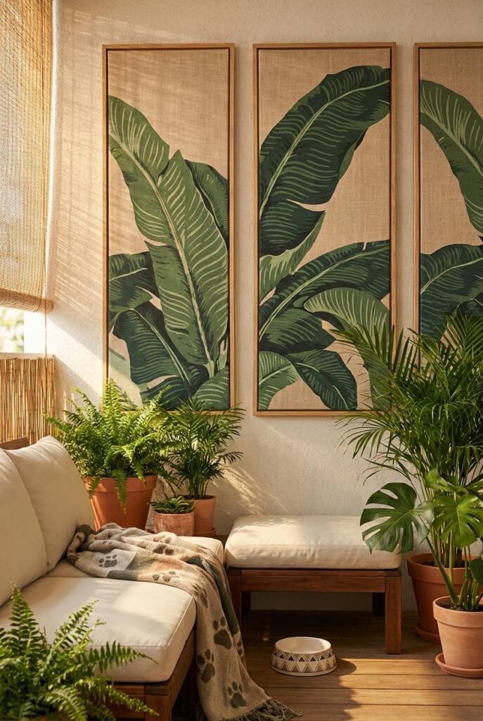Large feature wall of oversized banana-leaf fabric panels mounted like modern gallery art, each intentionally wrapped in tigh