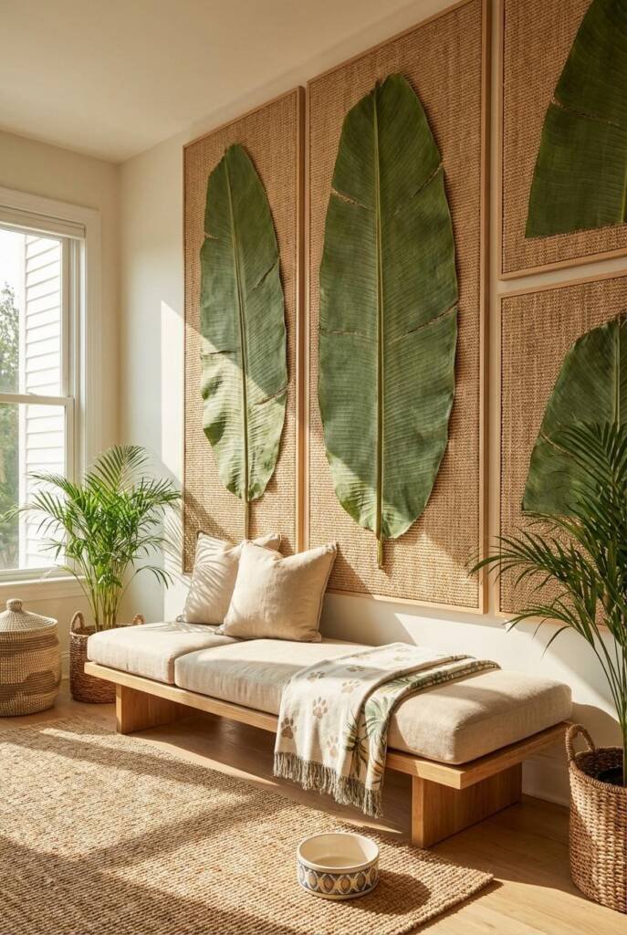 Large feature wall of oversized banana-leaf fabric panels mounted like modern gallery art, each intentionally wrapped in tigh