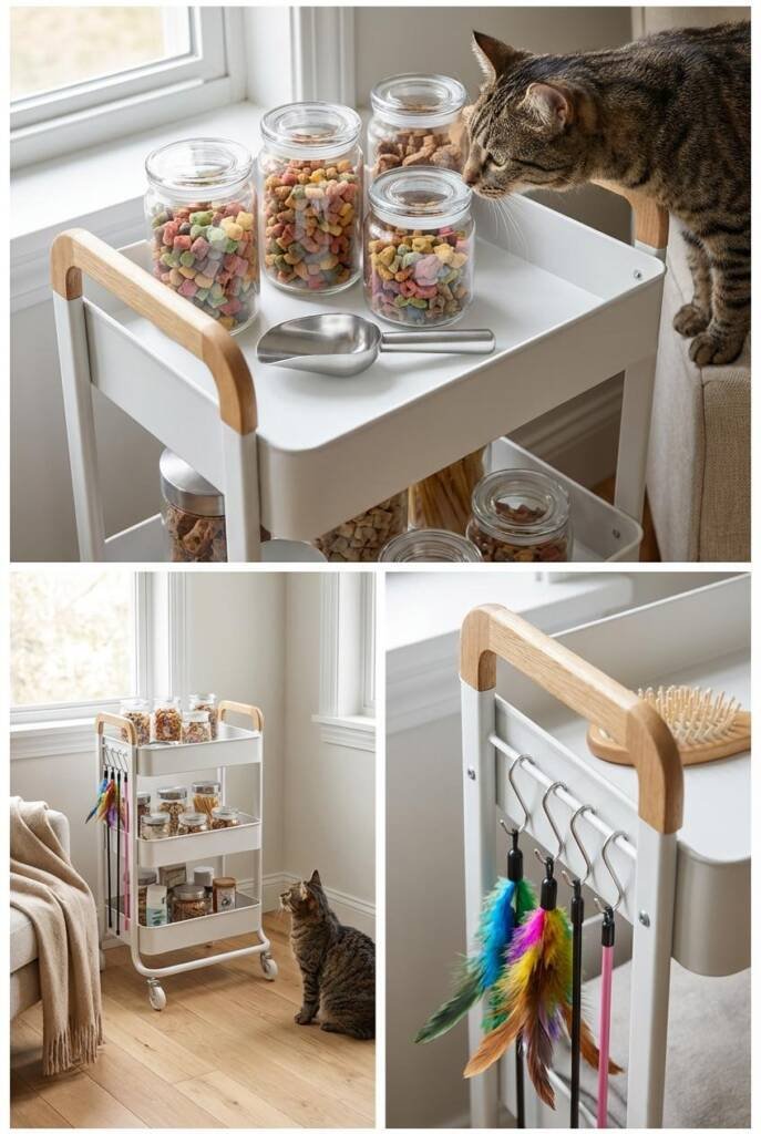 Three-tier white rolling utility cart with smooth-rolling casters, top shelf containing clear treat jars and a metal food sco