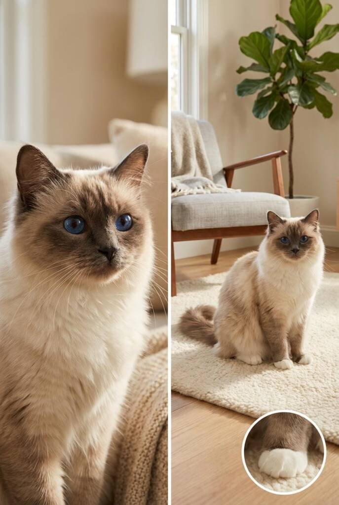 A beautiful Birman cat with pale cream-beige body, darker colorpoints, and the signature pure white "gloves" on all four paws